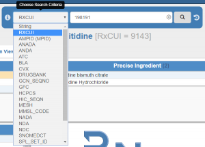 A screenshot of the RxNav search bar, with the RXCUI "198191" in the search box. The "Choose Search Criteria" drop-down menu is expanded, with the "RXCUI" option highlighted.