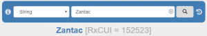 A screenshot of the RxNav search bar, showing an exact string match for the concept "Zantac" [RxCUI= 152523)