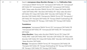 PubMed advanced search details and history are displayed with translations for menopause and sleep disorders highlighted
