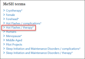 MeSH terms tagged with this citation example. The term Hot Flashes/therapy* is highlighted.