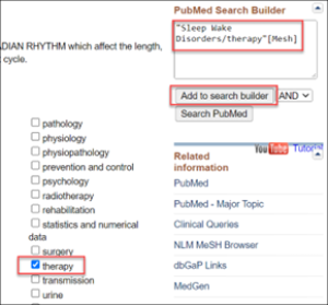 box beside therapy is marked and "Sleep Wake Disoders/therapy"[MeSH] appears in the PubMed Search Builder box